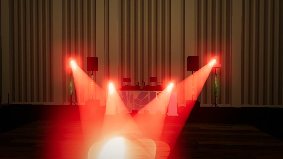 Moving heads hitting the dance floor in red on the drop, shown in the app's 3D view